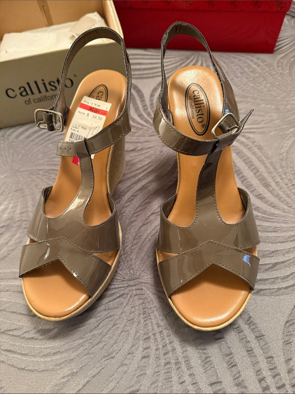 Callisto Taupe Patent T-Strap Wedge Sandals